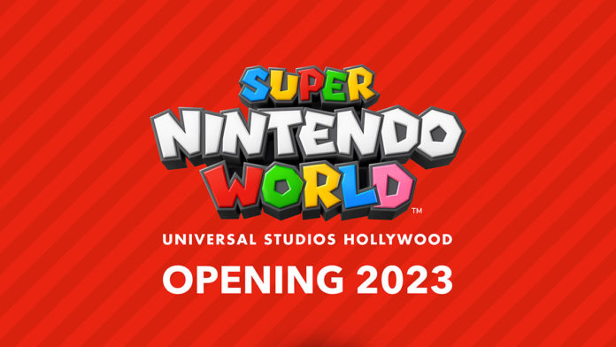 A foto apresenta o banner do Super Nintendo World na Universal Studios Hollywood.