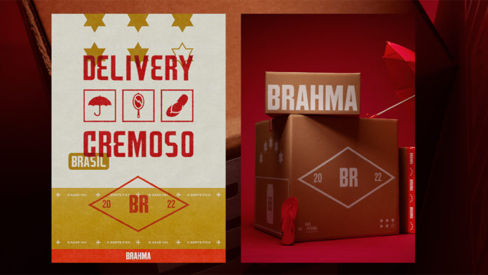 Cartaz do Delivery Cremoso da Brahma junto com as caixas que serão enviadas para os adversários do Brasil na Copa do Mundo