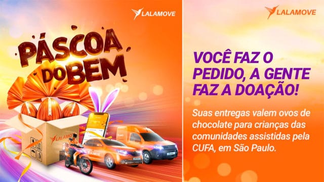 A foto apresenta a ação social de Páscoa da Lalamove em parceria com a CUFA.