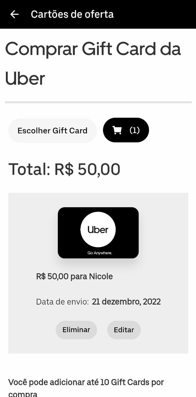 Gift Card Uber 25 reais - Envio Digital - Gift Card Online