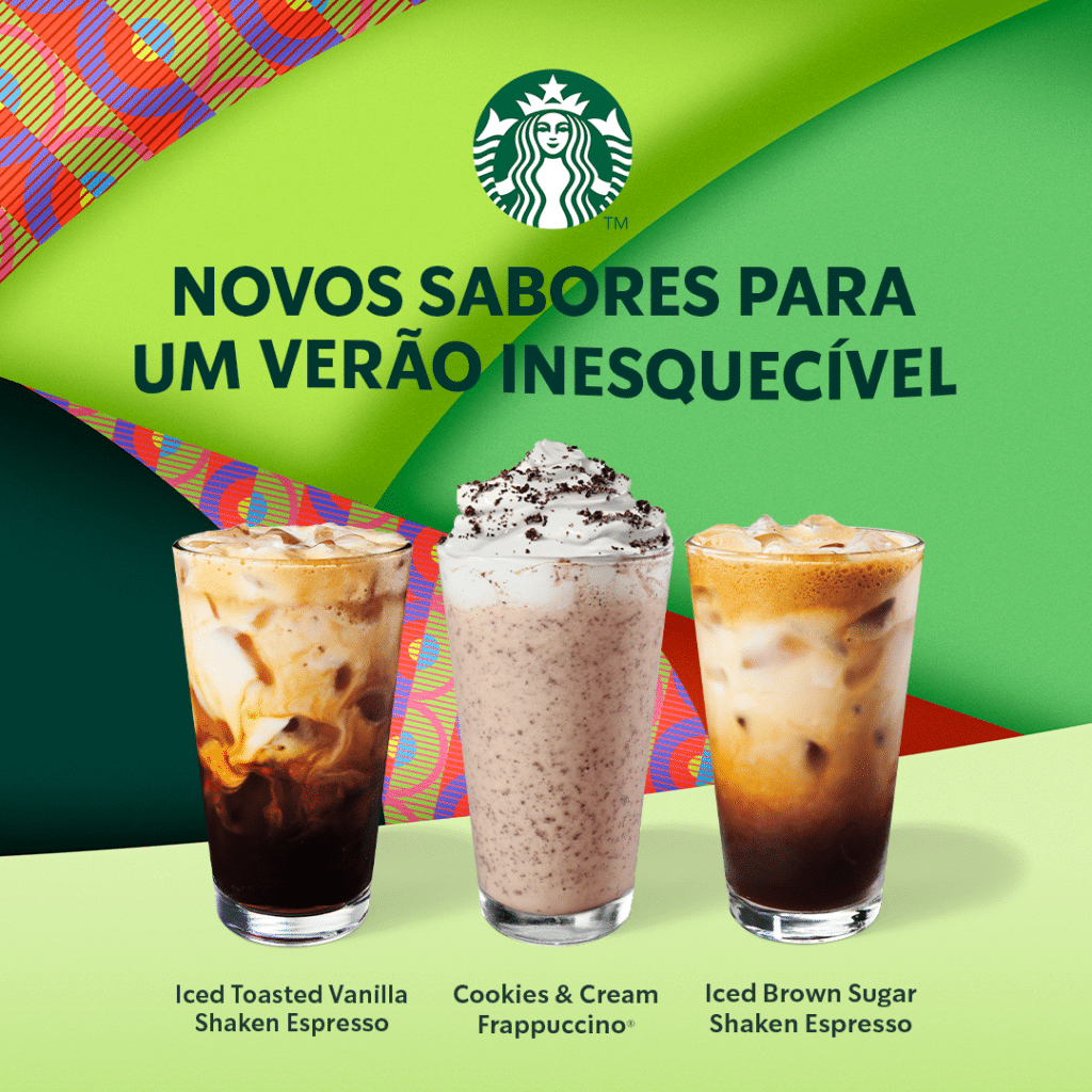 Starbucks traz três novas opções, o Cookies & Cream Frappuccino, Iced Toasted Vanilla Shaken Espresso e o Iced Brown Sugar Shaken Espresso.