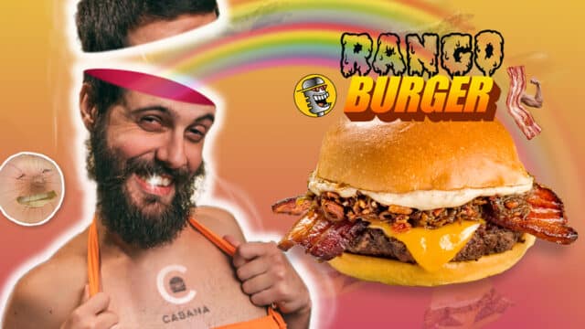 Na foto é possível ver uma montagem onde o Diogo Defante aparece com o logo do Cabana Burger "tatuado" em seu peito e sua cabeça está aberta. De dentro da cabeça sai um arco-íris até o "Rango Burger" localizado ao lado.