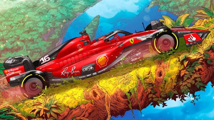 Imagem mostra carro de Fórmula 1 da Ferrari em meio à Natureza