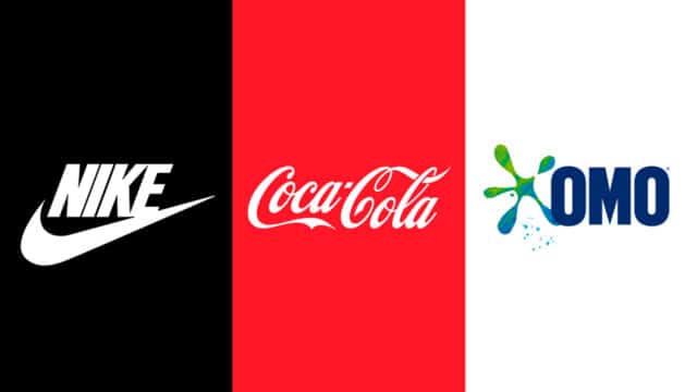 Composição gráfica mostrando logos da Nike, Coca-Cola e OMO lado a lado.