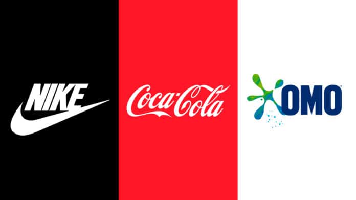 Composição gráfica mostrando logos da Nike, Coca-Cola e OMO lado a lado.