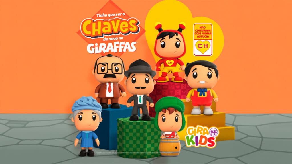gkpb-banner-novos-brindes-chaves-giraffas Novos brindes de Chaves do Giraffas. Na imagem é possível ver bonecos do Seu Barriga, Bruxa do 71, Professor Girafales, Nhonho, o aclamado herói Chapolin Colorado e Chave ganha uma nova versão, agora dentro de seu barril.