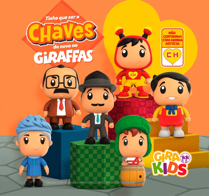 Novos brindes de Chaves do Giraffas. Na imagem é possível ver bonecos do Seu Barriga, Bruxa do 71, Professor Girafales, Nhonho, o aclamado herói Chapolin Colorado e Chave ganha uma nova versão, agora dentro de seu barril.