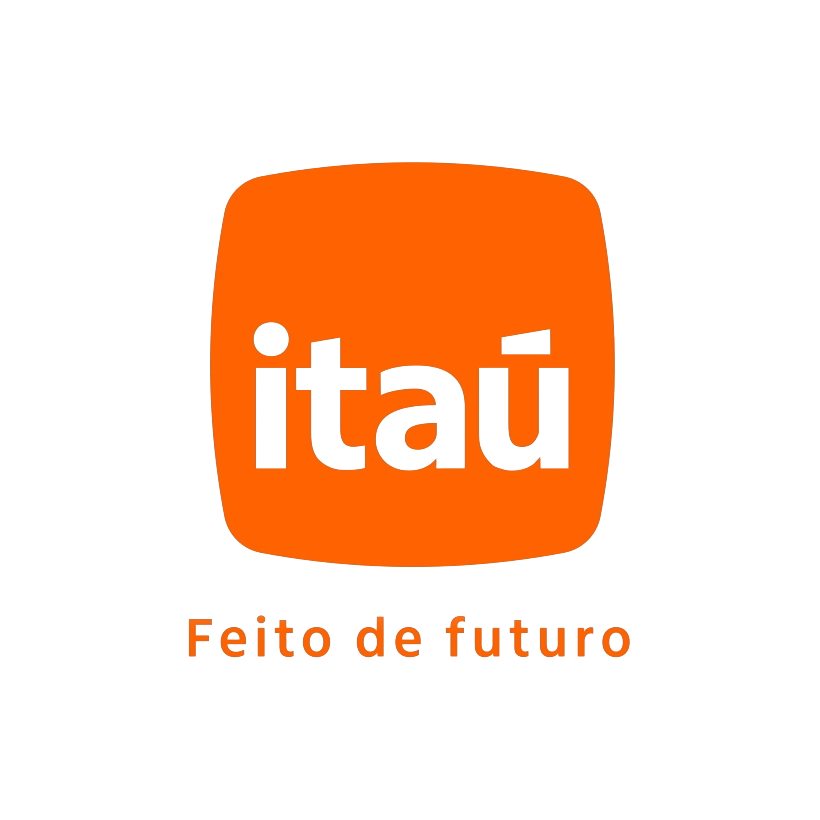 Novo logo do Itaú mostra imagem em png sem fundo mais moderna com ângulos mais arredondados e na cor laranja. No texto se lê 'Feito de Futuro', uma das assinaturas de campanha da nova marca.
