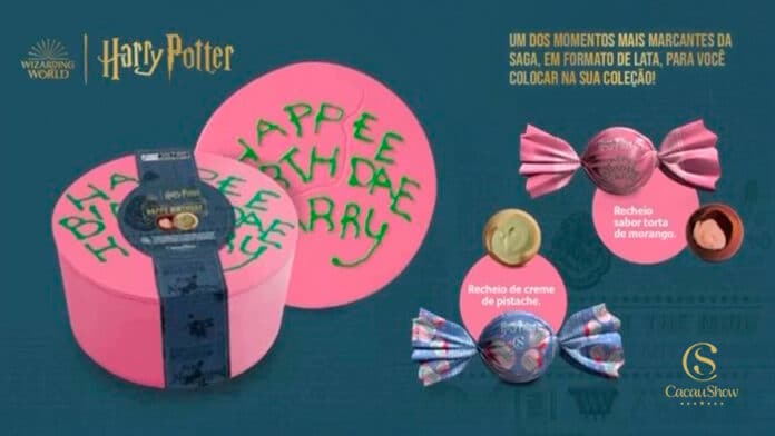 Imagem mostra lata da Cacau Show inspirada em Harry Potter no formato do bolo de aniversário do Harry e duas trufas nos sabores pistache e creme. Itens devem chegar em 2024