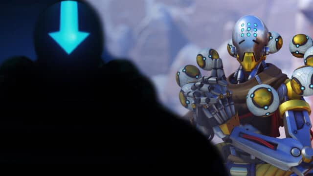 Silhueta do Personagem Zenyatta, de Overwatch 2, do lado esquerdo da imagem com uma seta acesa na cabeça que remete ao Avatar Aang, do lado direito tem uma imagem do próprio Zenyatta.