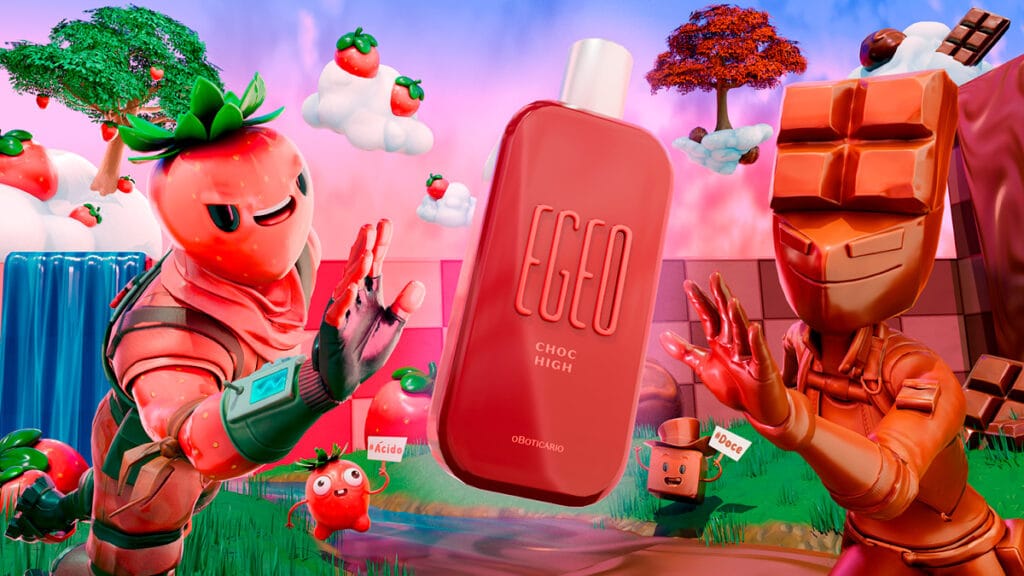 Banner promocional com os personagens "morango" e "chocolate" para a campanha do Boticário no Fortnite