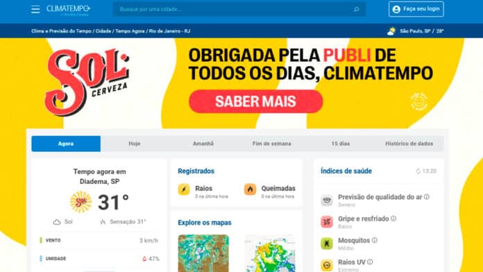 Screenshot da página da Climatempo mostrando o logo da Cerveja Sol indicando dia ensolarado