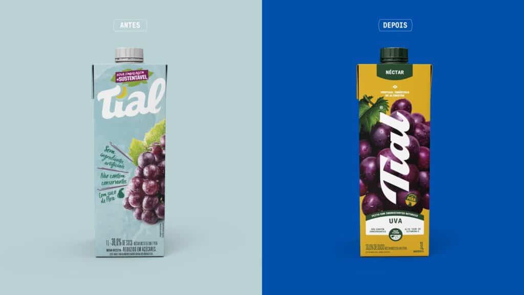 Comparação de embalagens da Tial: à esquerda, embalagem antiga com design aveludado e cores suaves; à direita, nova embalagem vibrante em azul, destacando o sabor uva e a nova identidade visual com tipografia reformulada.