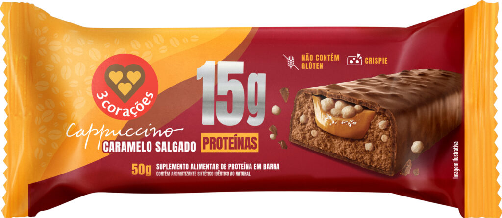 Barrinha de proteína sabor Caramelo Salgado da marca 3 Corações, contendo 15g de proteína, embalagem destacando a ausência de glúten e a presença de crisps.
