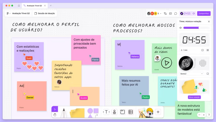 Tela do Figma com notas adesivas coloridas sobre melhorias em perfis de usuários e processos, com um timer visível.