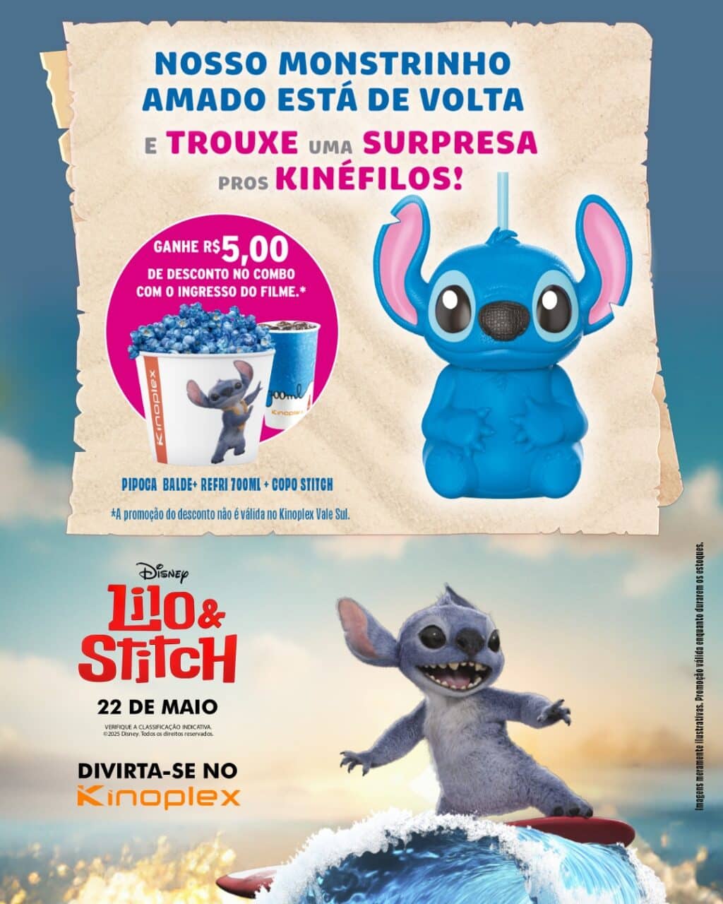 Imagem promocional do combo de pipoca da Kinoplex para o filme Lilo & Stitch, apresentando um copo no formato do personagem Stitch e detalhes sobre desconto na compra do combo.
