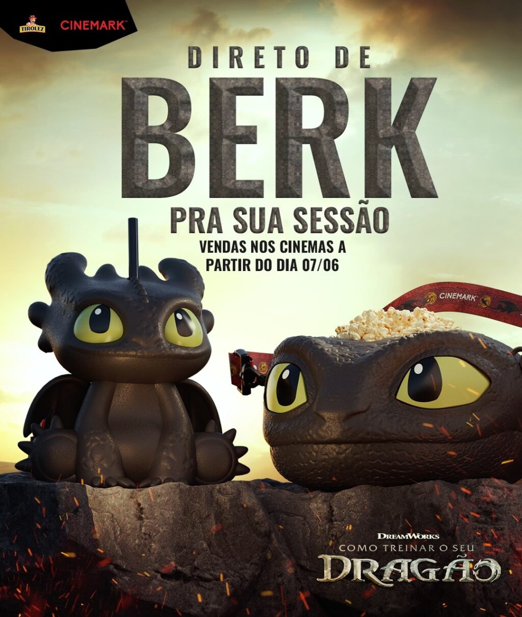 Imagem promocional do combo de pipoca da Cinemark, mostrando um balde e um copo com design inspirado no dragão Banguela de 'Como Treinar o Seu Dragão'. Texto em destaque diz 'Direto de Berk pra sua sessão'.
