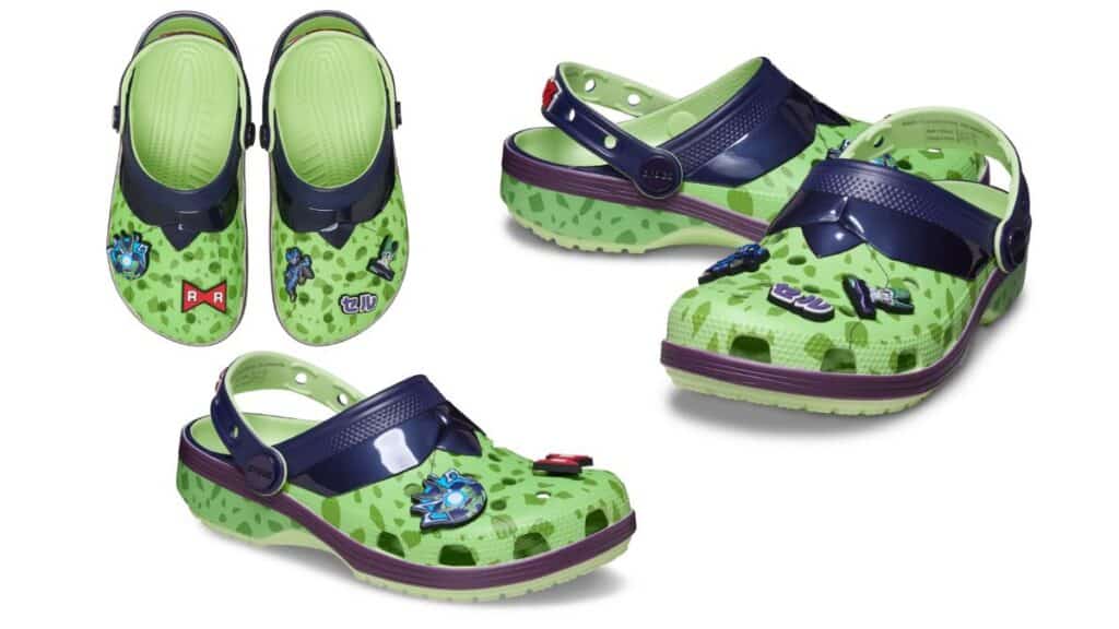 Modelo de crocs verdes da coleção Crocs x Dragon Ball Z, inspirado nos vilões Frieza e Cell, com detalhes icônicos e Jibbitzs exclusivos.