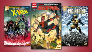 Capas das novas HQs da Marvel que serão lançadas pela Panini em julho de 2025, com destaque para X-Men, Deadpool e Wolverine. As capas exibem os heróis em poses de ação com artes vibrantes e títulos em destaque, marcando novos começos nas histórias. Imagem promocional com fundo vermelho.
