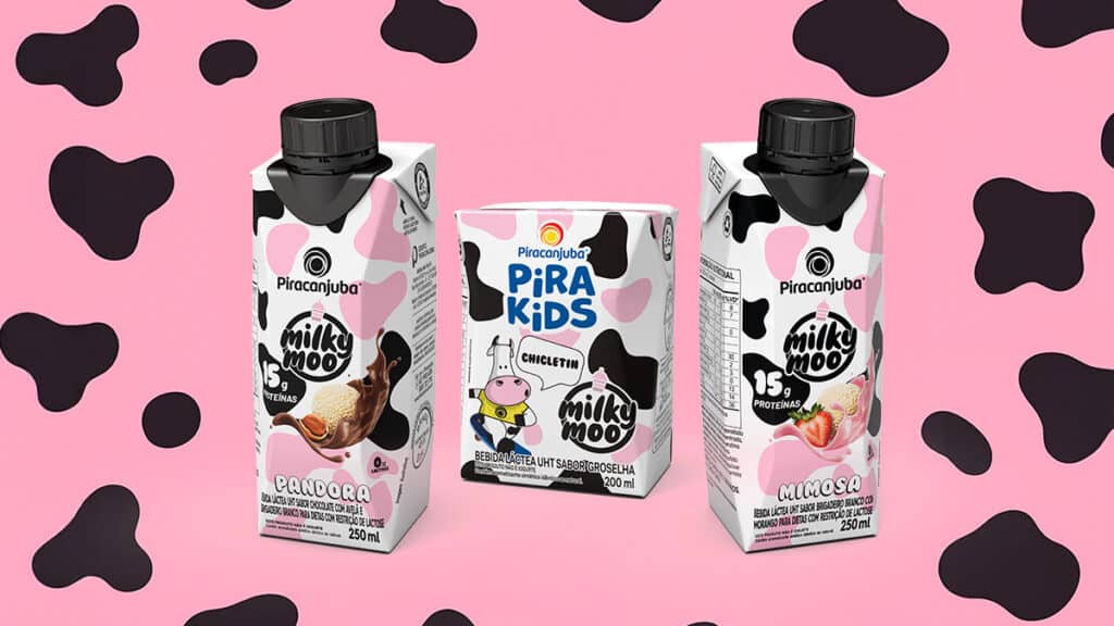 Embalagens de produtos da Piracanjuba e Milky Moo com os sabores Pandora, Pira Kids e Mimosa, em um fundo rosa com manchas pretas.