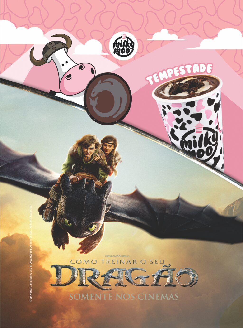 Imagem promocional do milkshake 'Tempestade' da Milky Moo, com destaque para o logotipo da marca, elementos do filme 'Como Treinar o Seu Dragão' e um copo com o milkshake decorado com pedacinhos de chocolate.