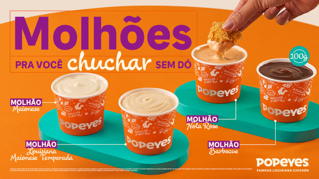 Imagem dos novos copos de molho 'Molhões' da Popeyes, mostrando opções de sabores como Maionese, Louisiana Maionese Temperada, Nola Rose e Barbecue, dispostos sobre uma superfície colorida.