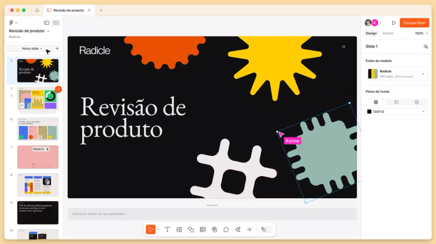 Interface do Figma mostrando uma apresentação com o título 'Revisão de produto' e elementos gráficos coloridos.