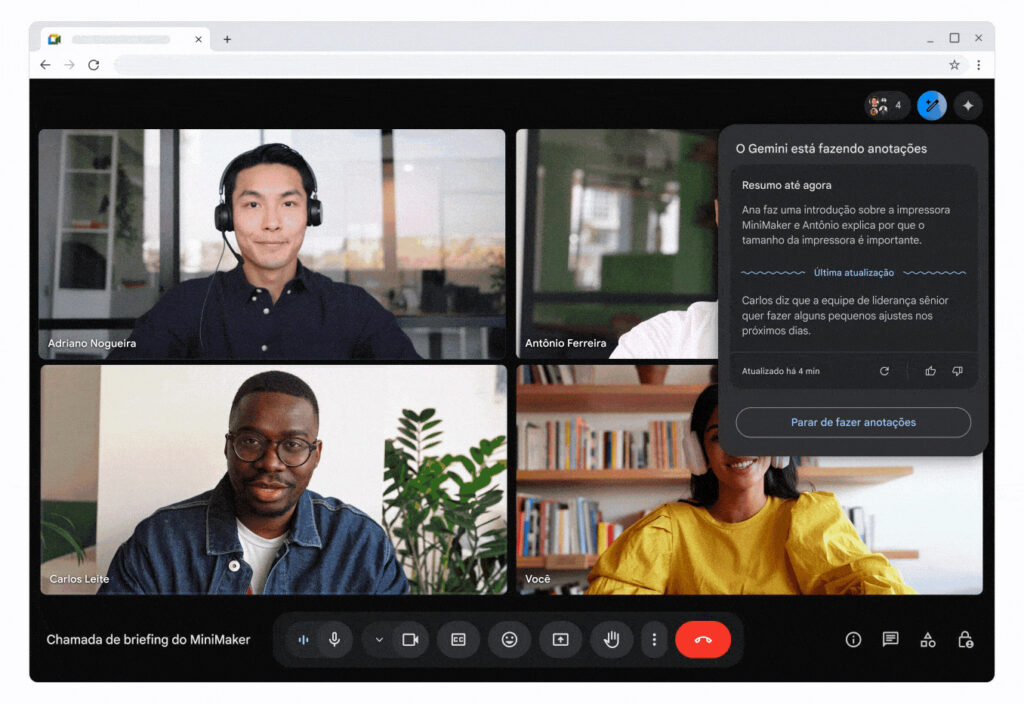 Tela de reunião no Google Meet com quatro participantes visíveis. Um painel lateral exibe anotações automáticas feitas pelo sistema Gemin. Os participantes estão em um ambiente virtual, discutindo sobre uma impressora chamada MiniMaker.