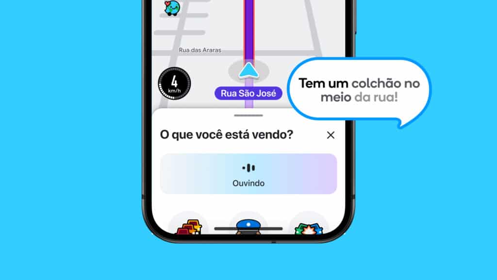 Tela do aplicativo Waze exibindo uma mensagem de alerta sobre um colchão na rua, com a velocidade do veículo mostrada em 4 km/h.