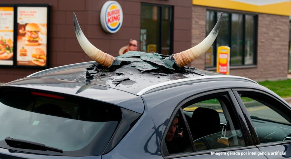 Um carro com um chifre em cima e pedaços de vidro quebrado, estacionado em frente a um restaurante Burger King.