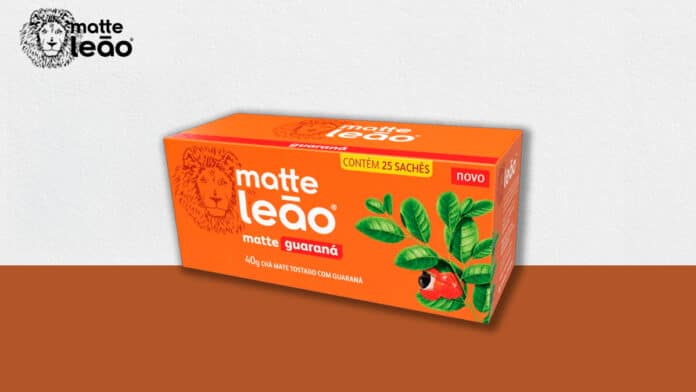 Caixa de Matte Leão Guaraná, contendo 25 sachês, com design vibrante e ilustrações de folhas de chá mate e guaraná.