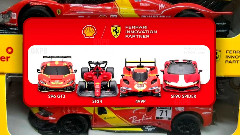 Miniaturas de carros Ferrari exibindo os modelos 296 GT3, SF24, 499P e SF90 Spider, promovidas pela parceria entre Shell e Ferrari.