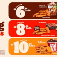 Imagem promocional do Burger King com opções de ofertas 'King Ofertas'. Inclui preços a partir de R$ 6,90 para Chicken Jr., 6 BK Chicken ou Sundae de Doce de Leite, até R$ 10,90 para 10 BK Chicken ou BK Mix Ovomaltine, com descrições visuais dos produtos.