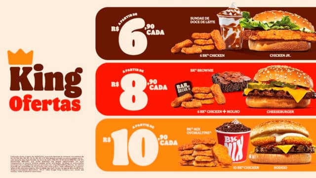 Imagem promocional do Burger King com opções de ofertas 'King Ofertas'. Inclui preços a partir de R$ 6,90 para Chicken Jr., 6 BK Chicken ou Sundae de Doce de Leite, até R$ 10,90 para 10 BK Chicken ou BK Mix Ovomaltine, com descrições visuais dos produtos.