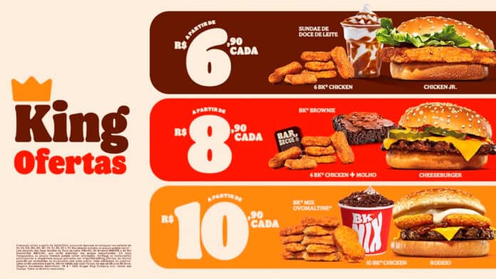Imagem promocional do Burger King com opções de ofertas 'King Ofertas'. Inclui preços a partir de R$ 6,90 para Chicken Jr., 6 BK Chicken ou Sundae de Doce de Leite, até R$ 10,90 para 10 BK Chicken ou BK Mix Ovomaltine, com descrições visuais dos produtos.