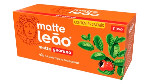 Caixa de Matte Leão Guaraná, contendo 25 sachês, com design vibrante e ilustrações de folhas de chá mate e guaraná.