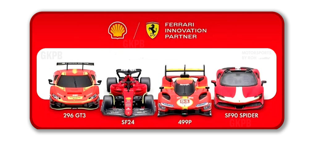 Imagem com miniaturas de carros Ferrari em fundo vermelho, incluindo os modelos 296 GT3, SF24, 499P e SF90 SPIDER, com logos da Shell e Ferrari.