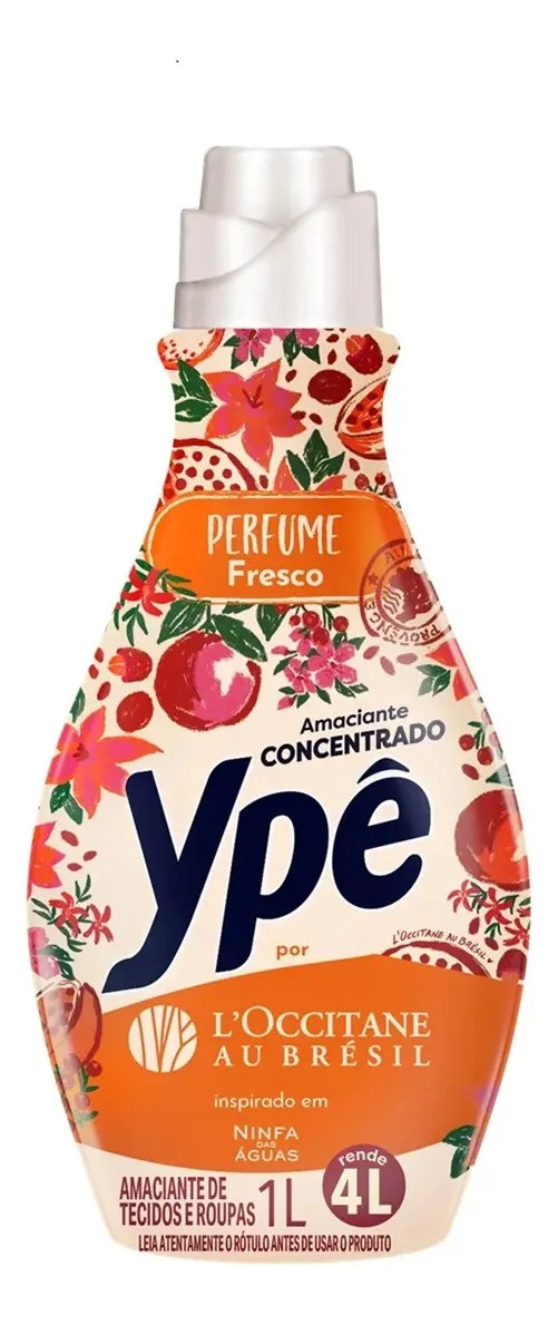 Frasco de amaciante concentrado Ypê com fragrância 'Ninfa das Águas', inspirado nos perfumes da L'Occitane Au Brésil. Design colorido com flores e frutas, rotulado como 'Perfume Fresco'.