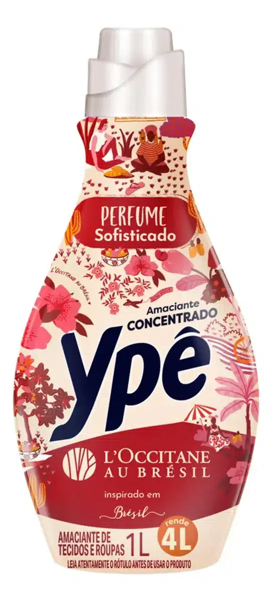 Frasco de amaciante concentrado da Ypê em colaboração com a L'Occitane Au Brésil, rotulado como 'Perfume Sofisticado' e inspirado em Brésil.