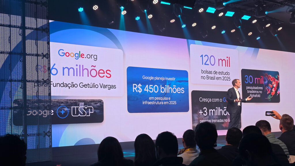 Apresentação do Google For Brasil com destaque para investimentos e iniciativas da empresa no país, incluindo doações para a Fundação Getúlio Vargas e informações sobre bolsas de estudo e pesquisa.