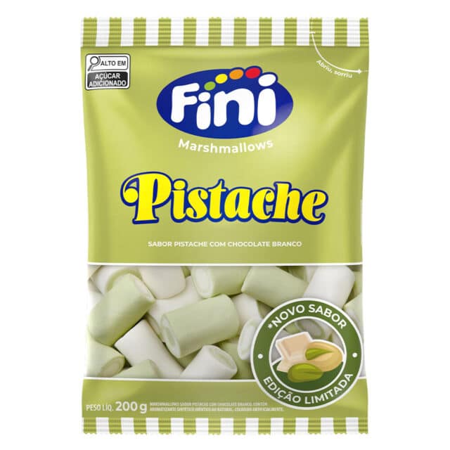 Embalagem do Marshmallow Fini sabor Pistache com chocolate branco, destacando o lançamento em edição limitada.