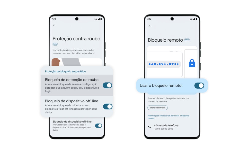 Tela de configurações de proteção contra roubo no Android, destacando opções de bloqueio automático e bloqueio remoto.
