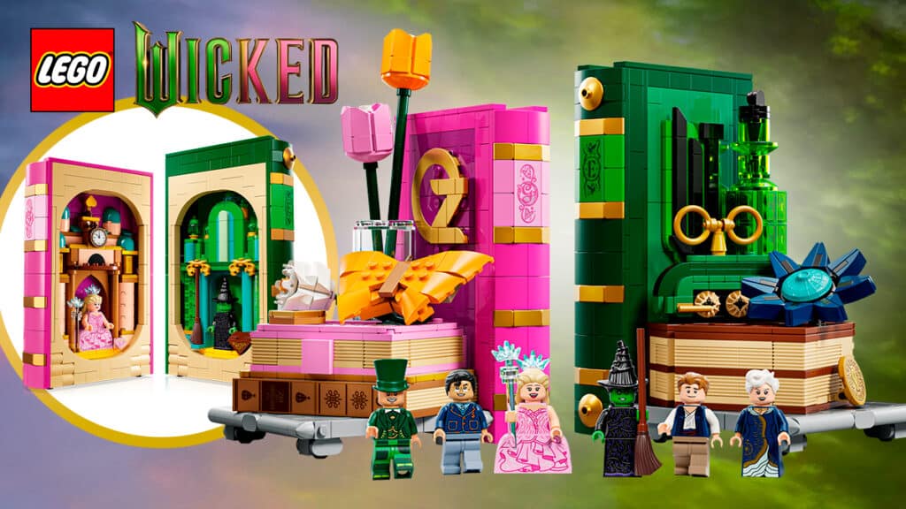 banner-gkpb-lego-wicked Set LEGO 75691 Glinda & Elphaba Bookends com tema de Wicked, apresentando dois livros de cores diferentes, verde e rosa, com detalhes de miniaturas de Elphaba, Glinda e outros personagens.