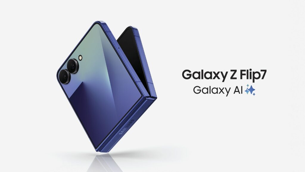 Imagem do smartphone dobrável Galaxy Z Flip7 da Samsung, exibindo a parte traseira em azul e destacando sua tecnologia Galaxy AI.