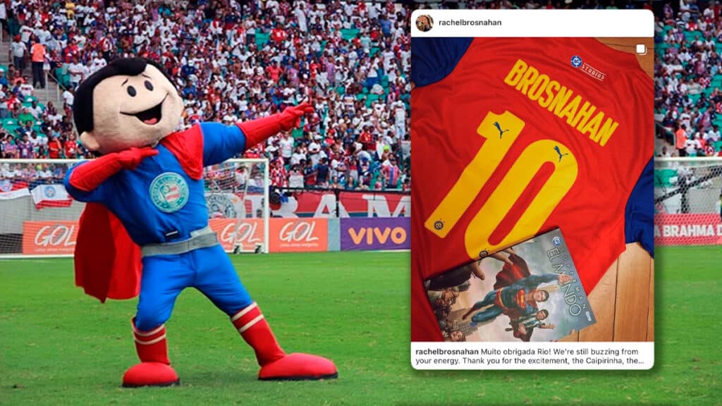 gkpb-banner-bahia-superman Mascote do Bahia vestido de super-herói em um campo de futebol, sorrindo e fazendo uma pose heroica, com torcedores ao fundo. Ao lado temos um screenshot da publicação de Rachel Bosnahan no Instagram onde exibe a parte traseira da camisa em colaboração da Puma com o Bahia e o filme Superman.
