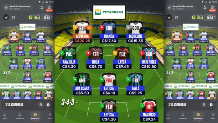 Tela do fantasy game Cartola Feminino Petrobras, com escalação de jogadoras, preços e formação tática.