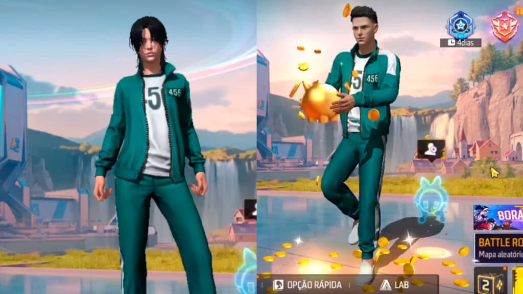 gkpb-banner-round-6-free-fire Imagem de personagens jogáveis do Free Fire com trajes inspirados na série Round 6. À esquerda, um personagem em pé com cabelo preto e macacão verde com o número 5. À direita, outro personagem segurando um objeto dourado, também com macacão verde e número 456, em um ambiente visualmente estilizado.