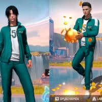 Imagem de personagens jogáveis do Free Fire com trajes inspirados na série Round 6. À esquerda, um personagem em pé com cabelo preto e macacão verde com o número 5. À direita, outro personagem segurando um objeto dourado, também com macacão verde e número 456, em um ambiente visualmente estilizado.