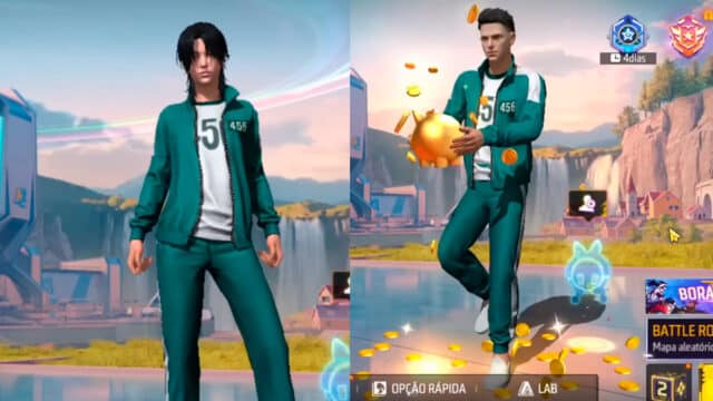 Imagem de personagens jogáveis do Free Fire com trajes inspirados na série Round 6. À esquerda, um personagem em pé com cabelo preto e macacão verde com o número 5. À direita, outro personagem segurando um objeto dourado, também com macacão verde e número 456, em um ambiente visualmente estilizado.