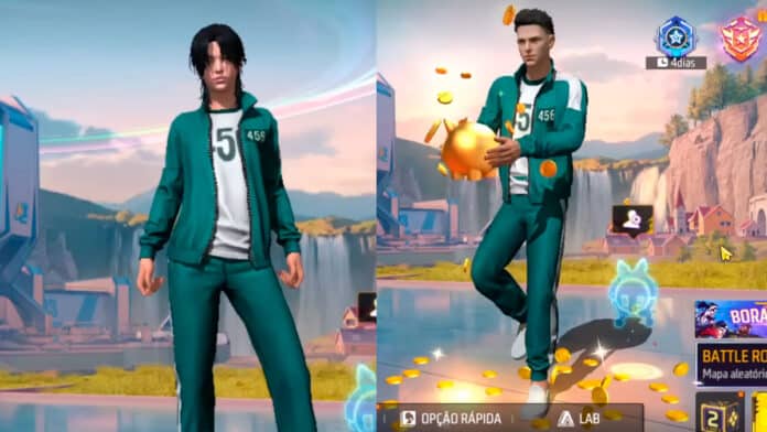 Imagem de personagens jogáveis do Free Fire com trajes inspirados na série Round 6. À esquerda, um personagem em pé com cabelo preto e macacão verde com o número 5. À direita, outro personagem segurando um objeto dourado, também com macacão verde e número 456, em um ambiente visualmente estilizado.